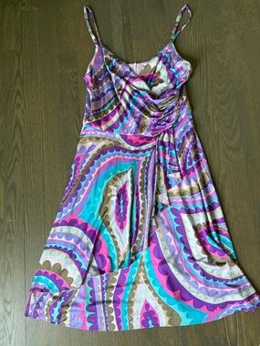 Trina Turk Spiral-Print Sleeveless Summer Dress in Purple & Teal